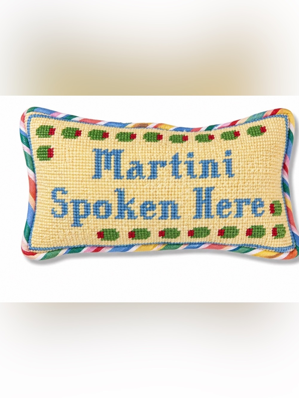 New Martini Spoken Here Needlepoint Pillow Colorful Trim Lumbar Accent Bar Decor